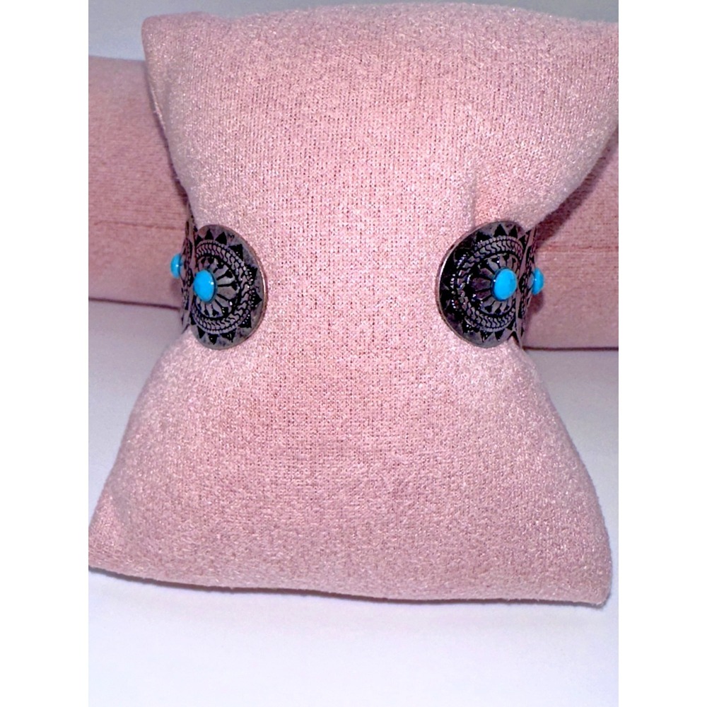Bracelet Cuff Silvertone With Imitation Turquoise Small Boho Western - Picture 2 of 5